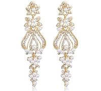 Orecchini pendenti da donna in oro con perle finte e strass di cristallo, a grappolo, per matrimonio, matrimonio, sposa, damigelle d'onore