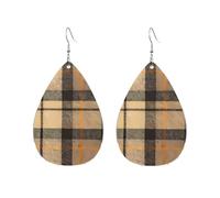 Orecchini pendenti da donna in tartan beige nero bianco e nero a righe arancioni, leggeri, colorati, con stampa bifacciale