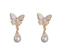 Orecchini pendenti da donna, placcati in oro, con farfalla rosa, gioielli eleganti per tutti i giorni, feste, lavoro e appuntamenti, facili da abbinare con abiti, magliette e abbigliamento formale