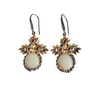 Orecchini pendenti fatti a mano con opale di fuoco e granato da donna, 12 x 10 mm ovali e 2,5 mm rotondi cabochon con castone, orecchini pendenti lunghi multicolore, elegante regalo leggero