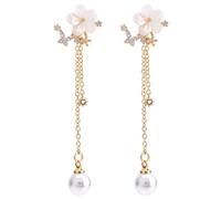 Orecchini Pendenti Fiore Perla Oro, Sottili Orecchini a Catena Lunga con Perle per Donne Gioielli Floreali Brillanti da Sposa Accessori per Spose Damigelle