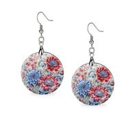 Orecchini pendenti geometrici in legno con fiori rossi e blu da donna, vintage, rotondi, retrò, da indossare tutti i giorni, per matrimoni, feste di laurea