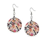 Orecchini pendenti geometrici in legno con motivo a tema cosmetico e trucco da donna, vintage, rotondi, retrò, da indossare tutti i giorni, per matrimoni, feste di laurea