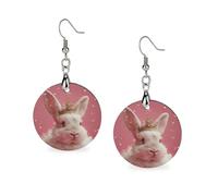 Orecchini pendenti geometrici in legno da donna con coniglio che indossa una corona, vintage, rotondi, retrò, da indossare tutti i giorni, per matrimoni, feste di laurea