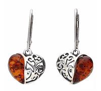 Orecchini pendenti in argento Sterling 925 a forma di cuore in ambra baltica a filigrana con chiusura a monachella, per donne/signore/ragazze, in ambra verde, ambra color cognac arancione, Argento