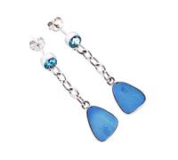 Orecchini pendenti in argento Sterling 925 con opale di fuoco e quarzo blu, cabochon da 14 mm e 5 mm, orecchini pendenti fatti a mano, gioielli bohémien chic, regalo unico per donne con un tocco