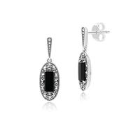 Art Déco Stile Ovale Onice E Marcasite Orecchini a Goccia IN Argento Sterling