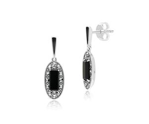 Orecchini pendenti in argento sterling con onice ovale, marcasite e smalto nero in stile Art Deco