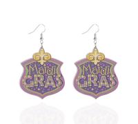 Orecchini pendenti in legno con lettera Mardi Gras, in legno, con scritta "Fluer Di Lis Mardi Gras", ideali come regalo per feste in maschera, carnevale, San Patrizio, feste