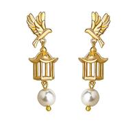 Orecchini pendenti in oro a forma di gabbia di pagoda e uccellini con accenti di perle, gioielli di ispirazione orientale