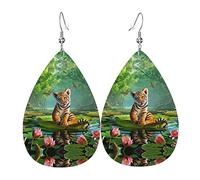 Orecchini pendenti in pelle artificiale con tigre e fiori di loto in pvc, il gancio è in materiale placcato argento 925