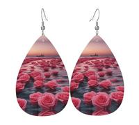 Orecchini pendenti in pelle con stampa a goccia e rose in riva al mare da donna, versatili ed eleganti da indossare tutti i giorni