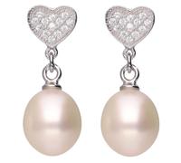 Orecchini Pendenti IN Perle D'Acqua Dolce & Zirconia Cuori 925 Argento, Donna