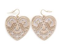 Orecchini pendenti in pizzo bianco a forma di cuore, color oro, lunghezza 50 mm