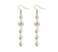 Orecchini pendenti lunghi con perle di zircone a forma di fiocco di neve, da donna, con cristalli e perle, stile vintage invernale per feste formali