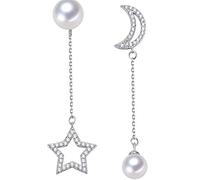 Orecchini Pendenti Lunghi da Donna Stella e Luna con Perle Bianche Colore Argento novità Lovely And Practical