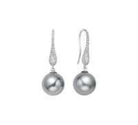 Orecchini Pendenti, Oro bianco 18 carati Orecchini con diamanti scintillanti e pendente con perla grigia da 9-10 mm