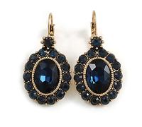 Orecchini pendenti ovali con cristallo blu scuro e chiusura a monachella, color oro, 40 mm di lunghezza