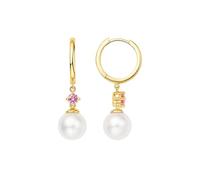 Orecchini pendenti per matrimonio, orecchini boho con perle 7,5 - 8 mm e zaffiro rosa 0,2 ct oro giallo, oro giallo 9 K, Perla