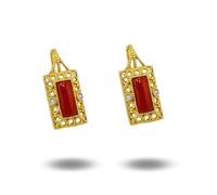 Orecchini pendenti Rettangolare in Corallo Rosso Naturale e Zirconi Argento 925 Dorato chiusura monachella gioielli donna ragazza elegante gioiello artigianale