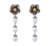 Orecchini pendenti vintage a due tonalità, con perle floreali, in argento, da donna