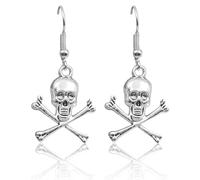 Orecchini per Halloween, da donna, con scheletro pirata e teschio, in argento, con ciondoli a forma di fantasma, accessori gotici, a forma di ossa incrociate, con ganci senza nichel, per uomini e