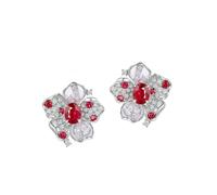Orecchini per ospite nuziale, orecchini da donna in oro bianco con fiore di diamante da 0,75 ct, Oro bianco 14 car, Rubina sangue di piccione