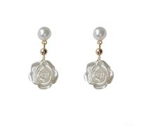Orecchini Perla Resina Design Camelia 5cm Eleganti | Design camelia unico, perla sintetica lucida, aspetto elegante, ideale per feste, cattura la luce