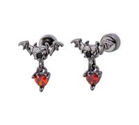 Orecchini punk a forma di pipistrello, 20 g, con retro piatto, per donne e ragazze, ipoallergenici, in acciaio inox, con ciondolo a forma di cuore rosso, regalo gotico per feste di Halloween, in