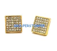 Orecchini Quadrati Nuovi 6 File Strass Cristallo Dorati Con Perno