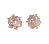 Orecchini rotondi bohémien da donna, design con petali rosa e perle bianche finte, eleganti orecchini in metallo color rame, splendidi per abiti, camicie e tutti i tipi di abiti casual