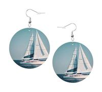 Orecchini rotondi da donna, 1 paio di orecchini rotondi stampati con nave a vela e nave in pelle leggera, set di orecchini alla moda per donne e ragazze, One Size, Poliestere