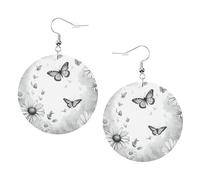 Orecchini rotondi da donna, con stampa a margherita e farfalla, 1 paio di orecchini in pelle leggera, gioielli alla moda, regalo per donne e ragazze, One Size, Poliestere