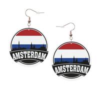 Orecchini rotondi da donna con stampa olandese di Amsterdam, 1 paio di orecchini in pelle leggera, gioielli alla moda, regalo per donne e ragazze, One Size, Poliestere