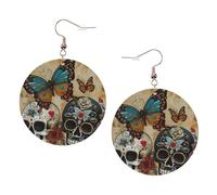 Orecchini rotondi da donna, con teschi di zucchero, con stampa a farfalla, 1 paio di orecchini in pelle leggera, gioielli alla moda, regalo per donne e ragazze, One Size, Poliestere