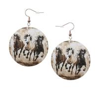 Orecchini rotondi da donna stampati con cavalli che corrono artistici, 1 paio di orecchini in pelle leggera, gioielli alla moda, regalo per donne e ragazze, One Size, Poliestere