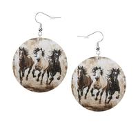 Orecchini rotondi da donna stampati con cavalli che corrono artistici, 1 paio di orecchini in pelle leggera, gioielli alla moda, regalo per donne e ragazze, One Size, Poliestere