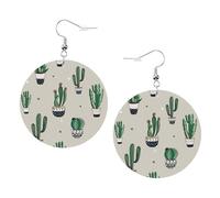 Orecchini rotondi in finta pelle, orecchini alla moda, adorabili orecchini pendenti con stampa di cactus verdi