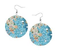 Orecchini rotondi in pelle con mappa della Grecia, accessori quotidiani che lavorano al lavoro, moda femminile, Misura unica, Pelle sintetica