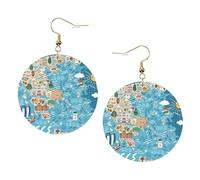 Orecchini rotondi in pelle con mappa della Grecia, accessori quotidiani che lavorano al lavoro, moda femminile, Misura unica, Pelle sintetica