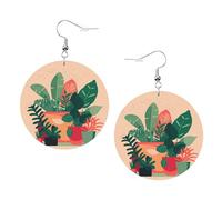 Orecchini rotondi in pelle con piccole piante verdi da interno, in pelle PVC stampato su entrambi i lati, con ganci placcati in argento 925, taglia unica, argento Sterling, pietra dorata, taglia unica