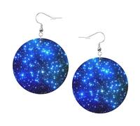 Orecchini rotondi in pelle con stampa a stelle blu brillanti eleganti e leggeri pendenti per donne e ragazze, taglia unica, in pelle, senza pietre preziose