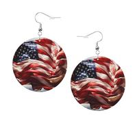 Orecchini rotondi in pelle con stampa della bandiera americana svolazzante nel vento, eleganti e leggeri pendenti per donne e ragazze