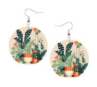 Orecchini rotondi in pelle con stampa di piccole piante verdi in stile cartone animato, eleganti e leggeri, pendenti per donne e ragazze, taglia unica, in pelle, senza pietre preziose