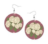 Orecchini rotondi in pelle con stampa rosa bianca dell'amore, eleganti e leggeri, pendenti per donne e ragazze, taglia unica, in pelle, senza pietre preziose