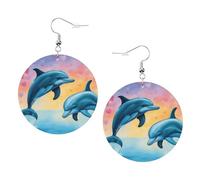 Orecchini rotondi stampati con delfini innamorati per donne, 1 paio di orecchini in pelle leggera set di orecchini alla moda gioielli regalo per donne ragazze, One Size, Poliestere
