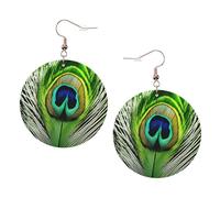 Orecchini rotondi stampati con piuma di pavone verde per le donne, 1 paio di orecchini in pelle leggera con forato set di gioielli alla moda regali per donne ragazze, One Size, Poliestere