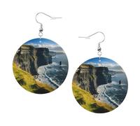 Orecchini rotondi stampati da donna con stampa di Clare The Cliffs, 1 paio di orecchini in pelle leggera con foro, gioielli alla moda, regalo per donne e ragazze, One Size, Poliestere