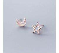 Orecchini S925, Orecchini semplici Asimmetrici da Donna con Stella e Luna, Diamanti e Rosa, Argento 925