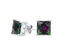 Orecchini Unisex In Argento Sterling .925 Con Zirconi Cubici AAA Di Colore Arcobaleno Mistico Che Cambiano Colore - Taglio Quadrato Principessa 9Mm